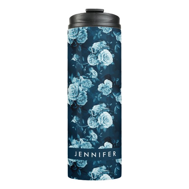 Add Your Name | Classic Blue Rose Pattern Thermal Tumbler (Front)