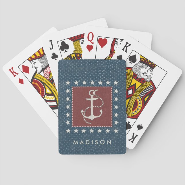 Add Your Name | Coastal Art | Anchor on Red Playing Cards (Back)