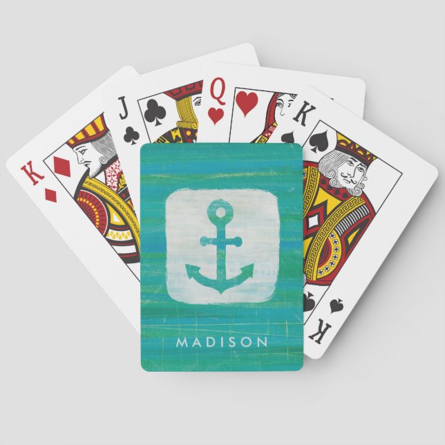 Add Your Name | Coastal Art | Aqua Anchor Playing Cards (Back)