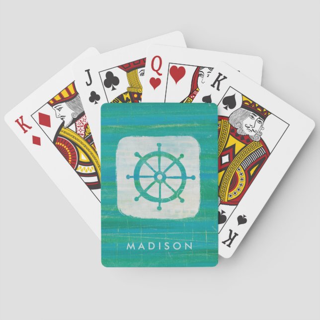 Add Your Name | Coastal Art | Aqua Steering Wheel Playing Cards (Back)