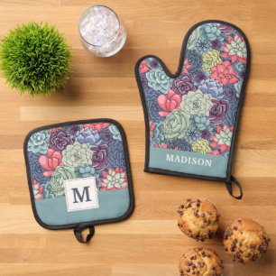 Add Your Name Colourful Succulent Pattern Oven Mitt & Pot Holder Set