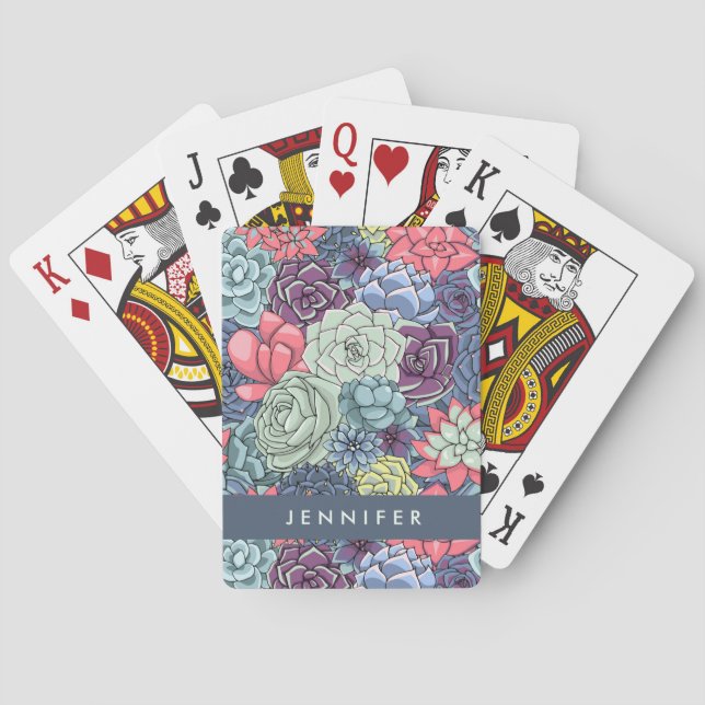 Add Your Name | Colourful Succulent Pattern Playing Cards (Back)