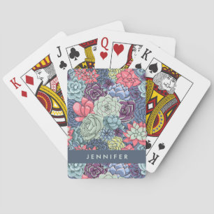 Add Your Name Colourful Succulent Pattern Playing Cards