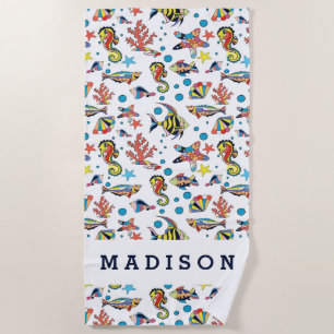 Add Your Name Colourful Underwater Sea Life Beach Towel