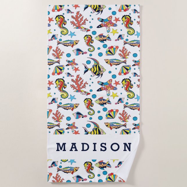 Add Your Name | Colourful Underwater Sea Life Beach Towel (Front)