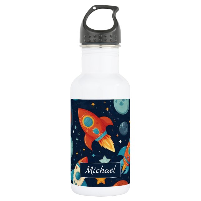 Add Your Name Cool Rocket Ship Space and Planets 532 Ml Water Bottle (Front)