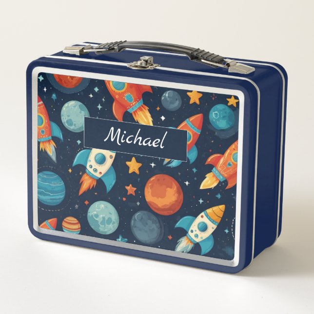 Add Your Name Cool Rocket Space and Planets Kid's Metal Lunch Box (Front)