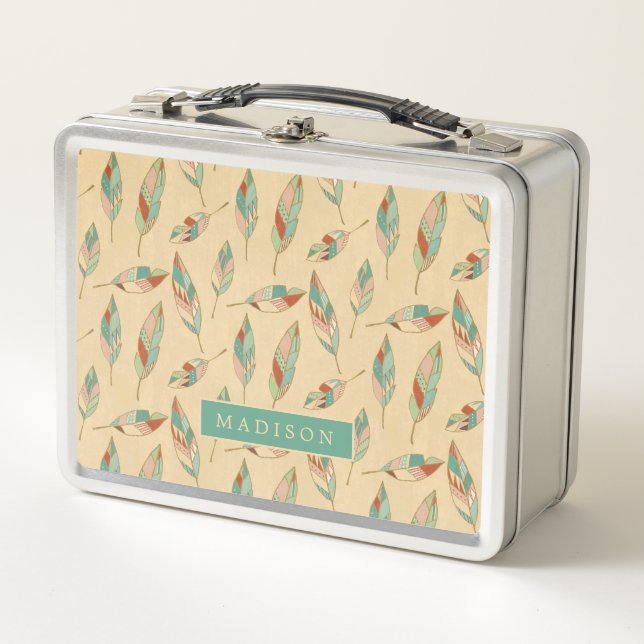 Add Your Name | Coral Feather Pattern Metal Lunch Box (Front)
