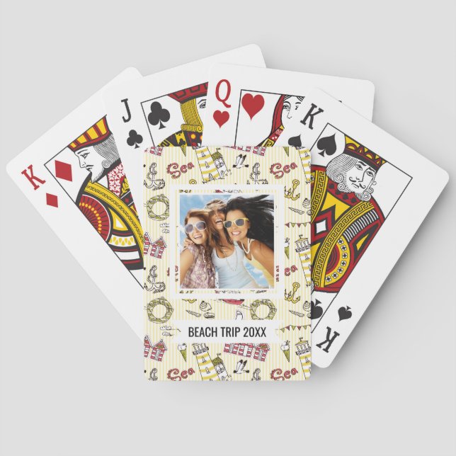Add Your Name | Cute Beach Scene Pattern Playing Cards (Back)
