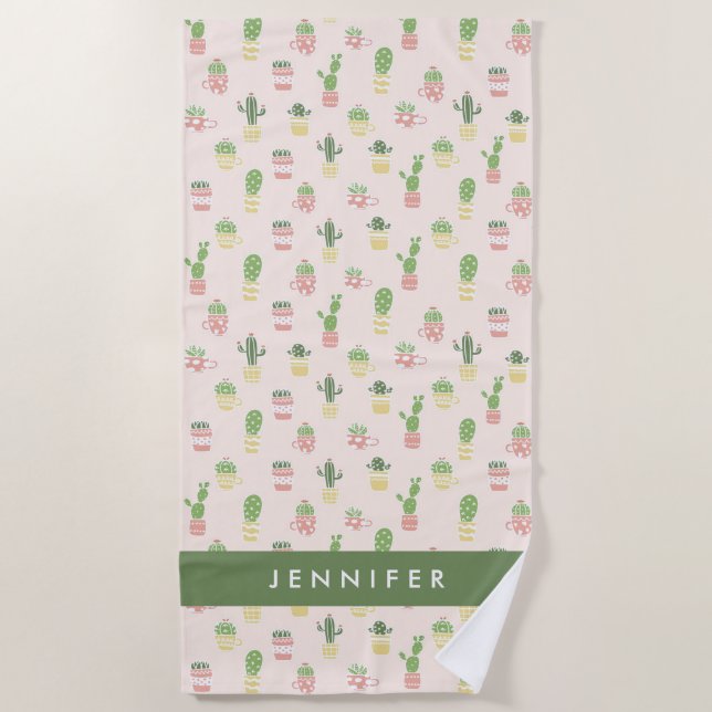 Add Your Name | Cute Cactus Pattern Beach Towel (Front)