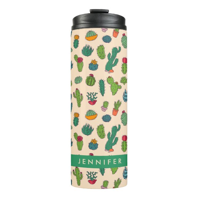 Add Your Name | Cute Cactus Standing Pattern Thermal Tumbler (Front)