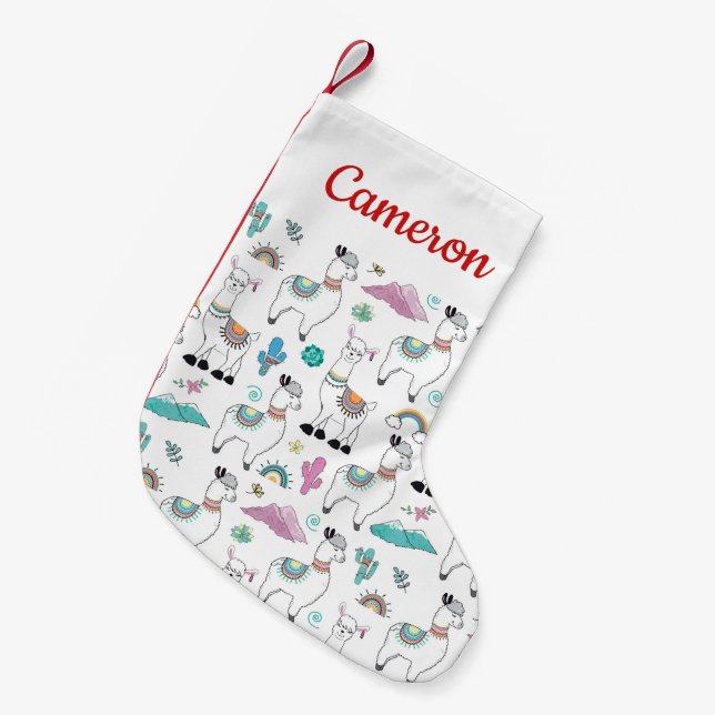 Add Your Name | Cute Cartoon Llama Pattern Small Christmas Stocking (Front (Hanging))