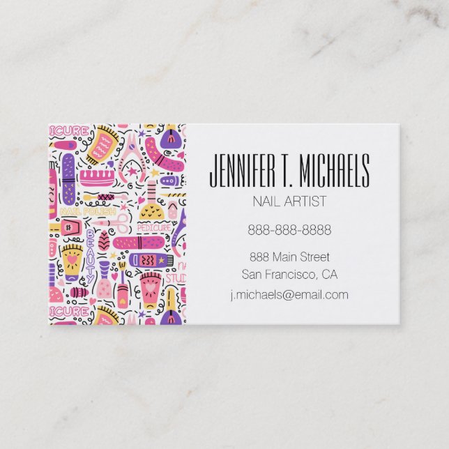Add Your Name | Cute Doodle Manicure Pattern Business Card (Front)