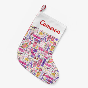 Add Your Name   Cute Doodle Manicure Pattern Small Christmas Stocking