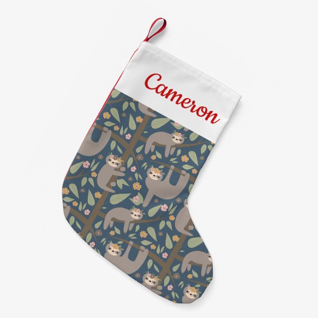 Add Your Name | Cute Floral Sloth Pattern Small Christmas Stocking (Front (Hanging))
