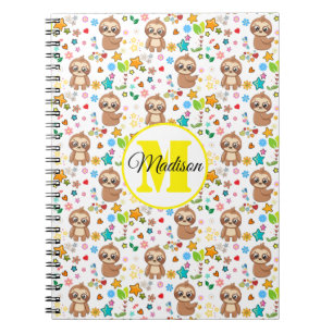 Add Your Name   Cute Hearts Stars Sloth Pattern Notebook