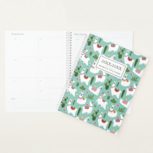 Add Your Name Cute Llamas On Teal Pattern Planner