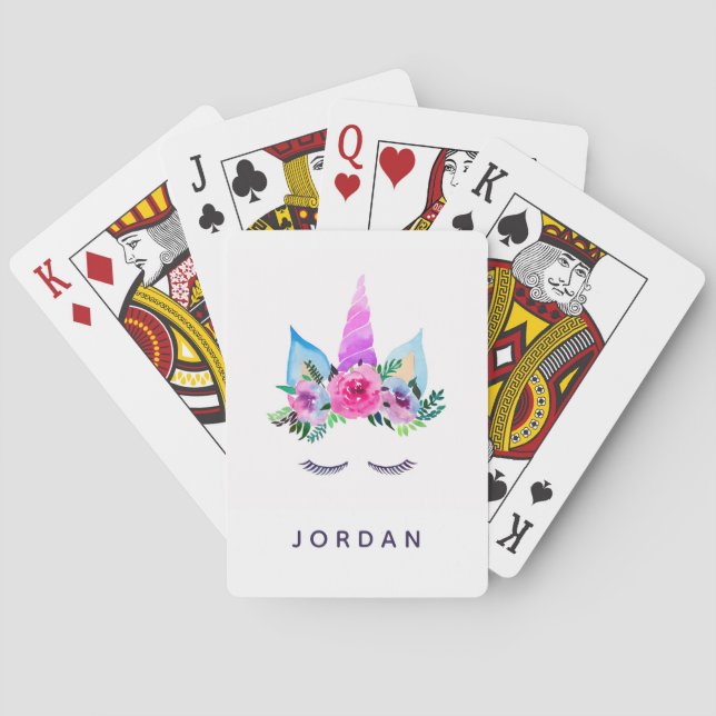 Add Your Name | Cute Magical Unicorn Face Playing Cards (Back)