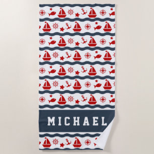 Add Your Name Cute Maritime Pattern Beach Towel
