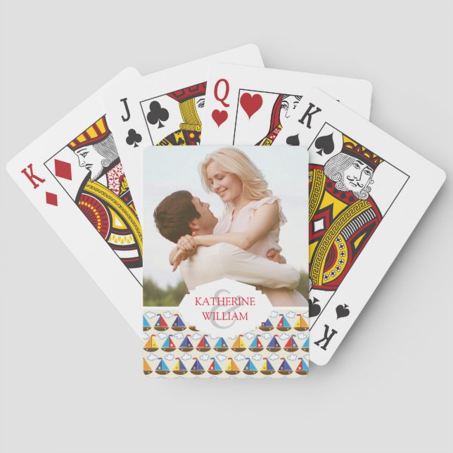 Add Your Name | Cute Sailboat Pattern Playing Cards (Back)