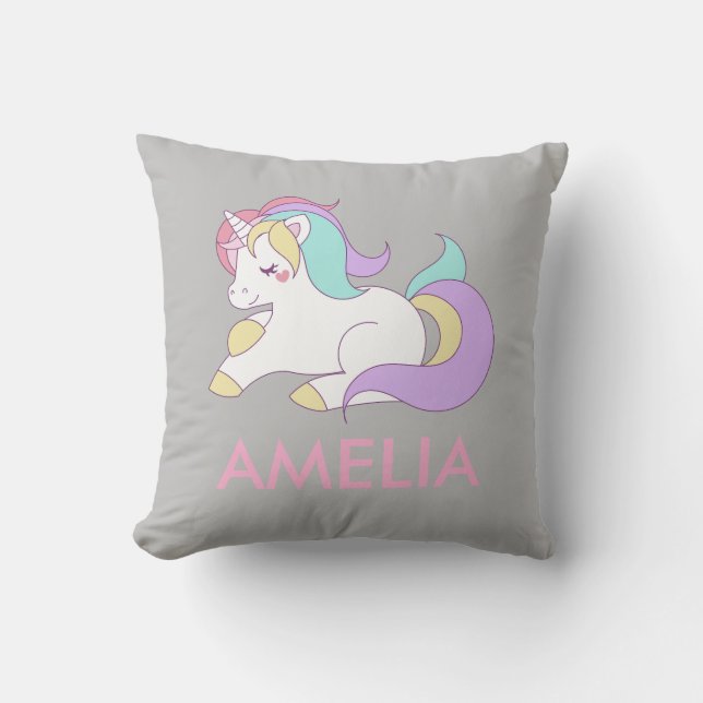 Add Your Name Cute Unicorn Personalized Throw Pillow (Front)
