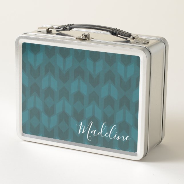 Add Your Name | Dark Teal Pattern Metal Lunch Box (Front)