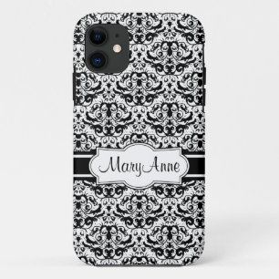 Add Your Name Elegant Black and White Damask iPhone 11 Case