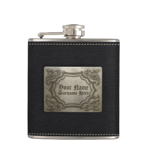 Add your name - Faux Leather & Embossed Metal Hip Flask