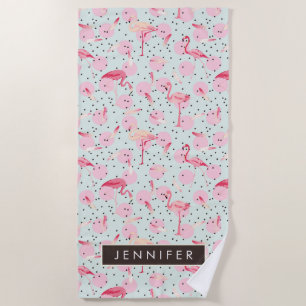 Add Your Name   Flamingo Feathers On Polka Dots Beach Towel
