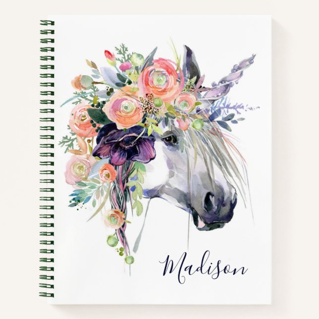 Add Your Name | Floral Dressed Unicorn Notebook (Front)