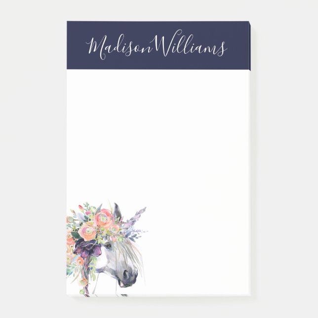 Add Your Name | Floral Dressed Unicorn Post-it Notes (Front)
