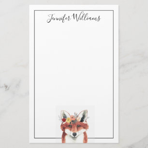 Add Your Name   Flower Crown Forester Fox Stationery
