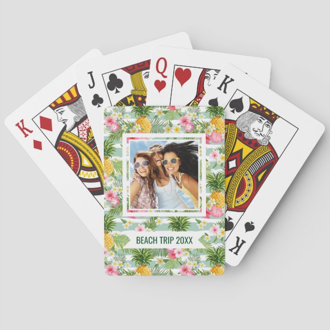 Add Your Name | Flowers & Pineapple Teal Stripes Playing Cards (Back)