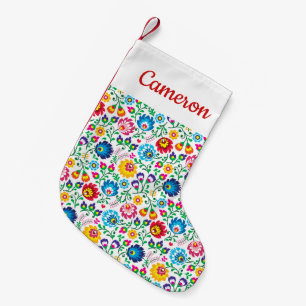 Add Your Name   Folk Art Flower Pattern Small Christmas Stocking