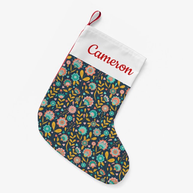 Add Your Name | Folk Art Flower Pattern Small Christmas Stocking (Front (Hanging))