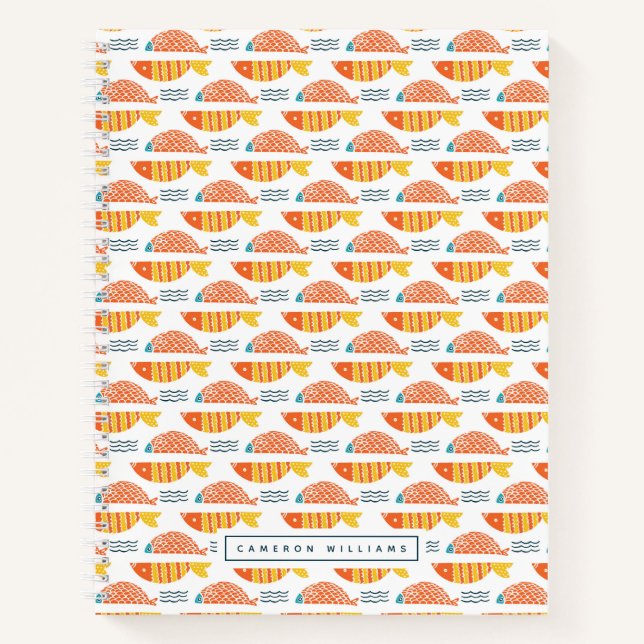 Add Your Name | Folk Art Swimming Fish Pattern Notebook (Front)