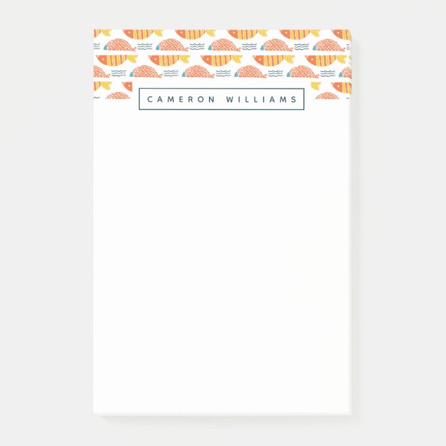Add Your Name | Folk Art Swimming Fish Pattern Post-it Notes (Front)
