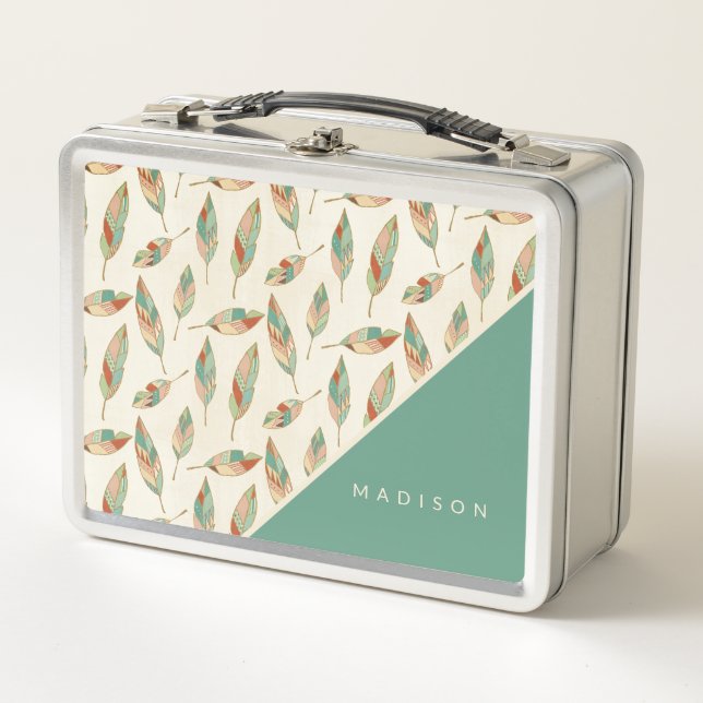 Add Your Name | Geometric Feather Pattern Metal Lunch Box (Front)