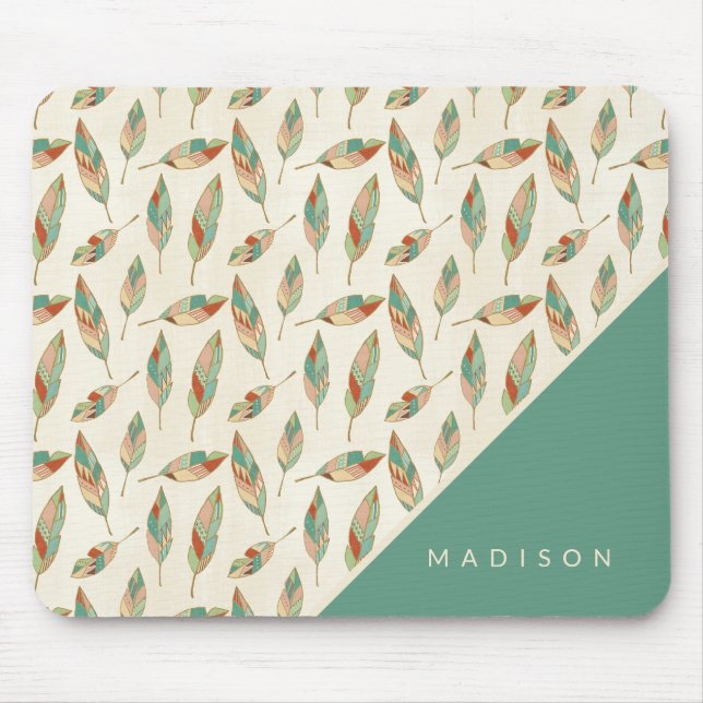 Add Your Name | Geometric Feather Pattern Mouse Pad (Front)