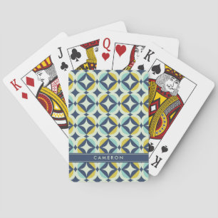 Add Your Name Geometric Gold & Blue Pattern Playing Cards