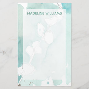 Add Your Name   Ginkgo on Dusty Teal - White Stationery