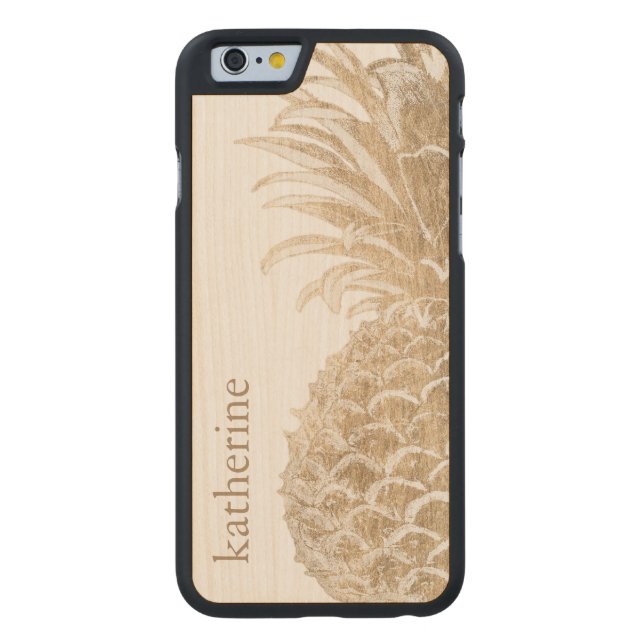 Add Your Name | Gold Tropical Pinneapple Carved Wood iPhone Case (Back)