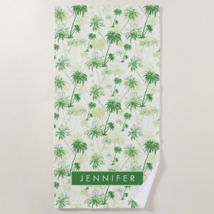 Add Your Name   Green Palm Tree Pattern Beach Towel