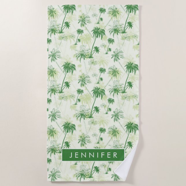 Add Your Name | Green Palm Tree Pattern Beach Towel (Front)