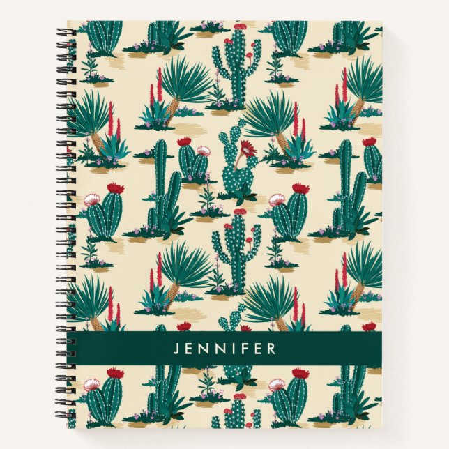 Add Your Name | Green & Red Cactus Pattern Notebook (Front)