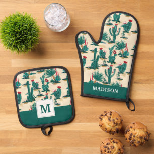 Add Your Name   Green & Red Cactus Pattern Oven Mitt & Pot Holder Set