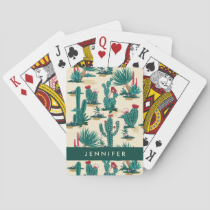 Add Your Name Green & Red Cactus Pattern Playing Cards
