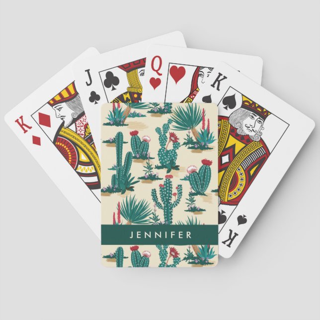Add Your Name | Green & Red Cactus Pattern Playing Cards (Back)