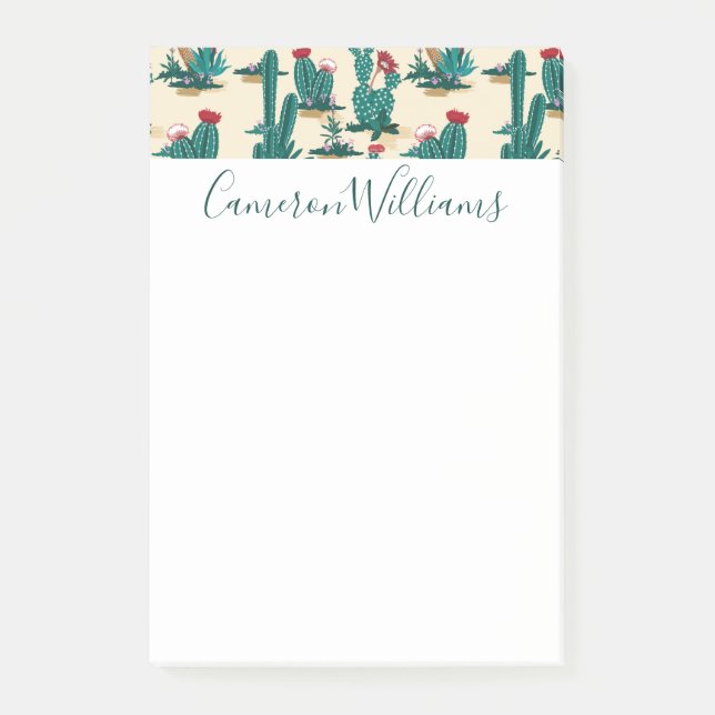 Add Your Name | Green & Red Cactus Pattern Post-it Notes (Front)