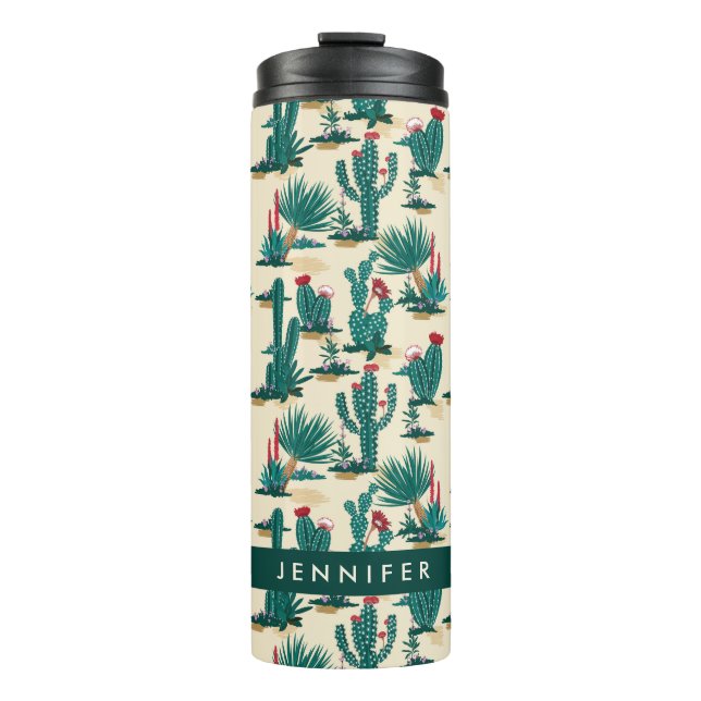Add Your Name | Green & Red Cactus Pattern Thermal Tumbler (Front)